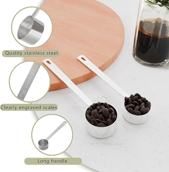 2PCS Long Handle Coffee Scoop, 1Tbsp(15ml) Measuring Spoon | 5.8” Length, Food-Grade Stainless Steel, Accurate Measurement, Dishwasher-Safe, Engraved Marking, Coffee Ritual Essential