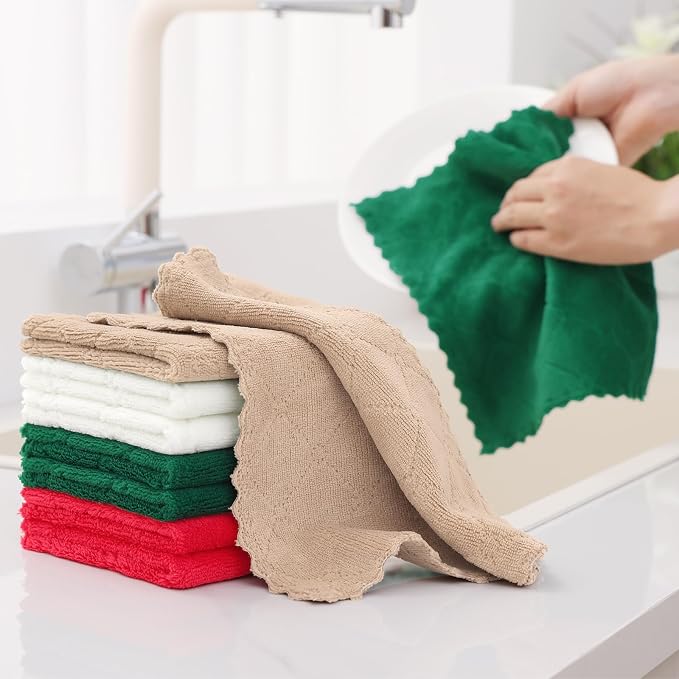 Homaxy 12 Pack Super Soft Absorbent Coral Velvet Dish Cloths, 10" x 10" | Dark Green/Tan/Red/White, Nonstick Oil Fast Drying Microfiber Cleaning Cloth, No Lint Household Dishcloths