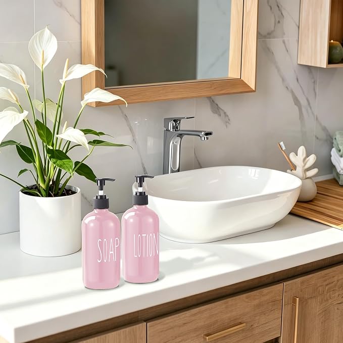 COHOSEGE Glass Soap Dispenser Set 2 Pack,16 Oz Hand Soap Dispenser for Bathroom,Pink Kitchen Accessories and Bathroom Decor,Soap and Lotion Dispenser Set for Bathroom