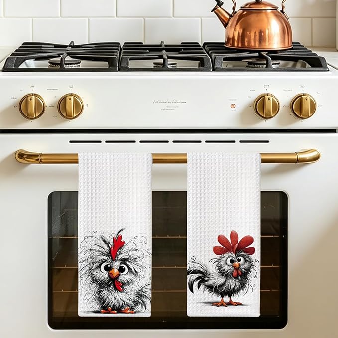 2 Pcs Funny Chicken Kitchen Towels, Chickens Gifts Absorbent Hand Towel | Chicken Lover Gifts for Women Mom, Waffle Dish Towels for Kitchen Home Decor, 24x14 Inch