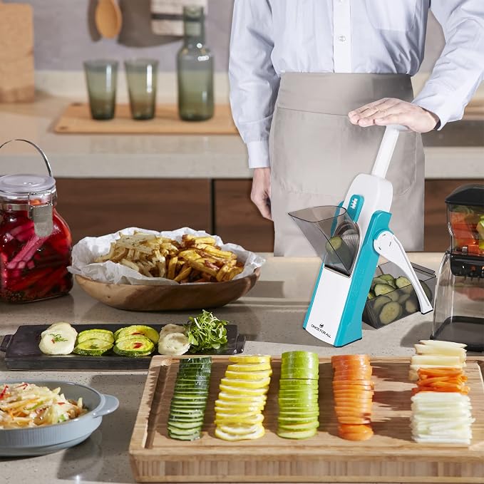 ONCE FOR ALL Safe Mandoline Slicer Kitchen, All in 1 Vegetable Slicer, Blue | Adjustable Thickness, Potato Slicer Veggie Chopper, Strips Julienne Dicer, French Fry Cutter, Dishwasher Safe, Kitchen Gift