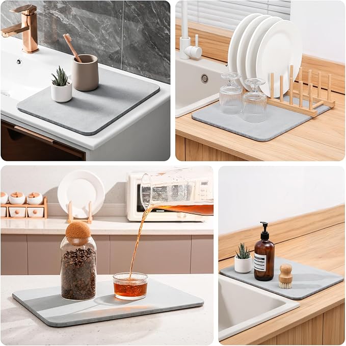 Super Absorbent Stone Drying Mat for Kitchen Counter, Fast-Drying Diatomaceous Earth Dish Drying Mats, Versatile Stone Drying Tray for Cups Dishes Bottles, Mist Gray