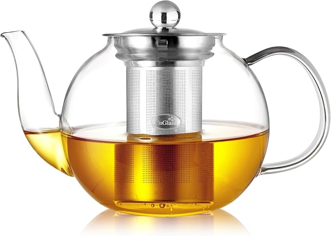 CNGLASS 600ml Glass Teapot with Removable Infuser,Clear Tea Kettle Stovetop Safe,Blooming and Loose Leaf Tea Maker