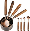 Copper Measuring Cups & Spoons Set 8, Stainless Steel Measuring Cups and Spoons Set for Baking and Kitchen, Metric & US Metal Measure Cup & Spoon with Wood Handle for Dry & Liquid