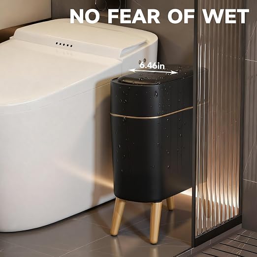 Black and Gold Sensor Trash Can Bathroom,Smart Plastic Wastebasket | Waterproof,Narrow,Motion Sensor, Convenient and Hygienic Easy to Use，2.6 gallon Small Garbage Can for Office,Bedroom,Kitchen