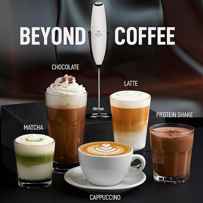 Zulay Kitchen Powerful Milk Frother Wand With Duracell Batteries - Ultra Fast Handheld Drink Mixer - Electric Whisk Foam Maker for Coffee, Lattes, Cappuccino & Matcha - Z1 Motor - Exec White & Black