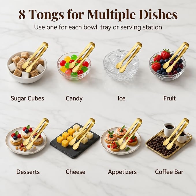 Mini Serving Tongs Set of 8, 4.25" Gold Stainless Steel Spoon Design | Perfect for Sugar Cubes, Charcuterie, Tea Parties, Dessert Bars, Candy Buffets. Elegant Multi-Station Serving for Events