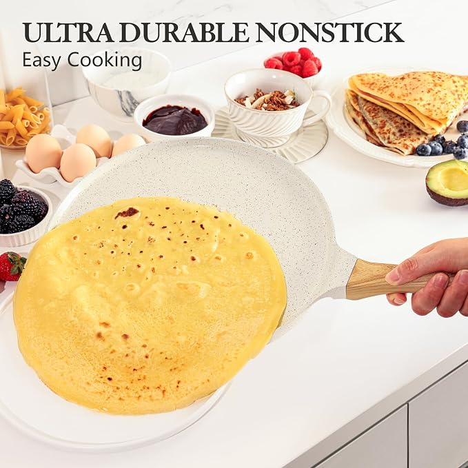 SENSARTE 12 Inch Nonstick Crepe Pan Ceramic Coating Pancake Pan White | Natural Ceramic Coating Dosa Pan Pancake Flat Skillet Tawa Griddle with Stay-Cool Handle, Induction Compatible