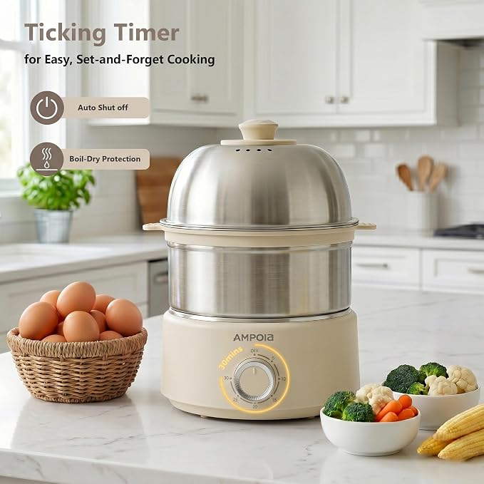 14 Eggs Electric Egg Cooker, 350W Rapid Egg Boiler with 30-Min Timer & Auto Shut-Off, Stainless Steel, Dishwasher Safe for Soft, Medium, Hard Boiled, Steamed Eggs, Vegetables & Seafood, Beige