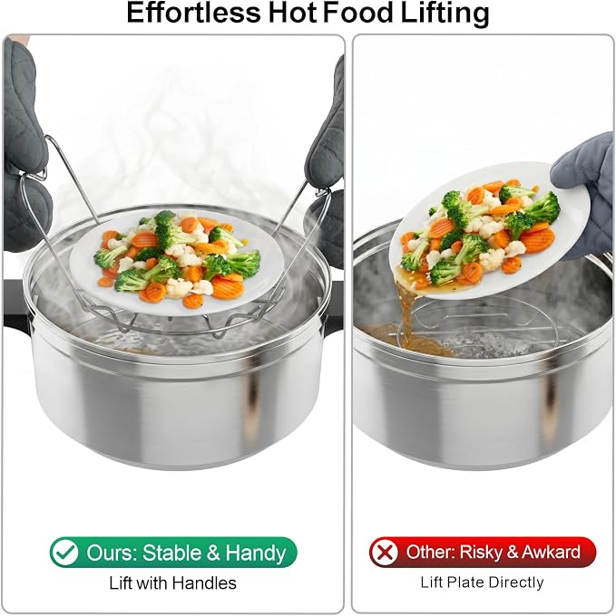 Steamer Rack Trivet for Instant Pot 6 Qt & 8 Qt with Handle, 7.7 in | 304 Stainless Steel Steam Rack with Foldable Long Handles for Pressure Cooker, Steaming, Cooking, Dishwasher Safe
