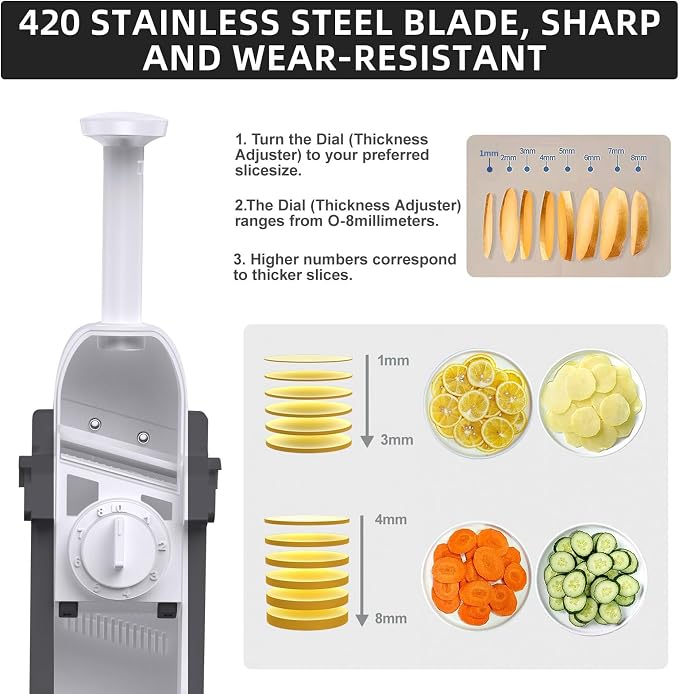 Safe Mandoline Slicer for Kitchen, Professional Vegetable Potato Slicer | 0.1-8 mm Adjustable Thickness, Food Chopper French Fry Cutte, Mandolin, Chopping Artifact Fast Veggie (just Slice, Gray)