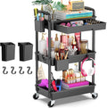 Goovilla 3 Tier Rolling Utility Cart Organizer with Removable Drawer, Black | Stable and Sturdy Rolling Storage Carts with 2 Lockable Wheels for Bathroom, Kitchen, Snack, Craft, Makeup, Baby Essentials