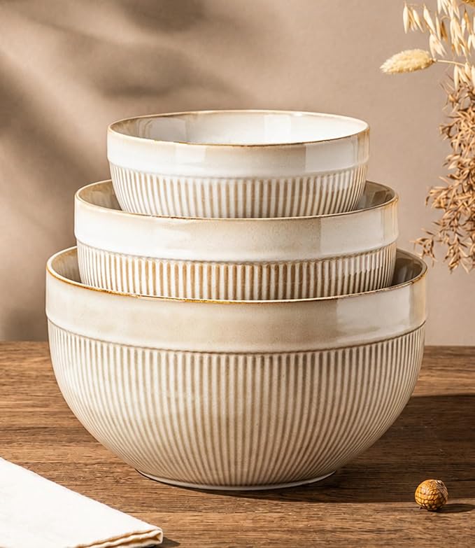 GBhome Ceramic Mixing Bowls Set of 3, Stoneware Nesting Serving Bowls | 45/90/150 oz For Prep, Baking, Serving, Gift, Microwave and Dishwasher Safe, Ribbed Dishware Collection,Cappuccino