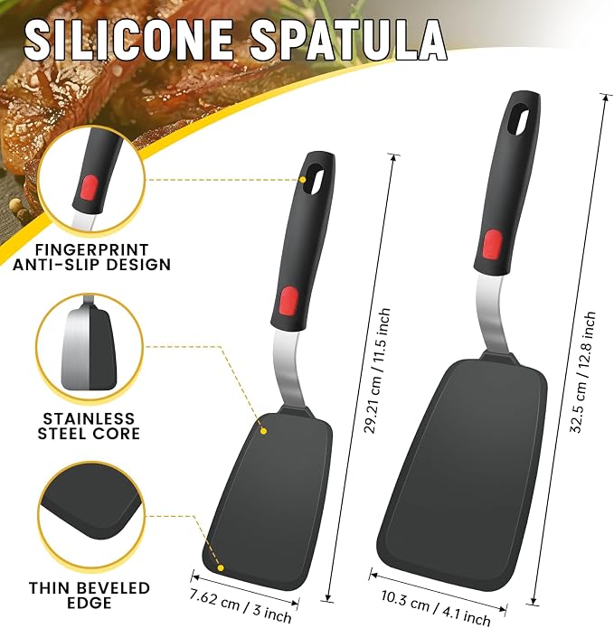 2Pack Flexible Silicone Spatula Turner, Heat Resistant Silicone Turner for Non-Stick Cookware, BPA-Free Kitchen Spatula Utensils, Ideal for Flipping Eggs, Burgers, Pancakes, Black