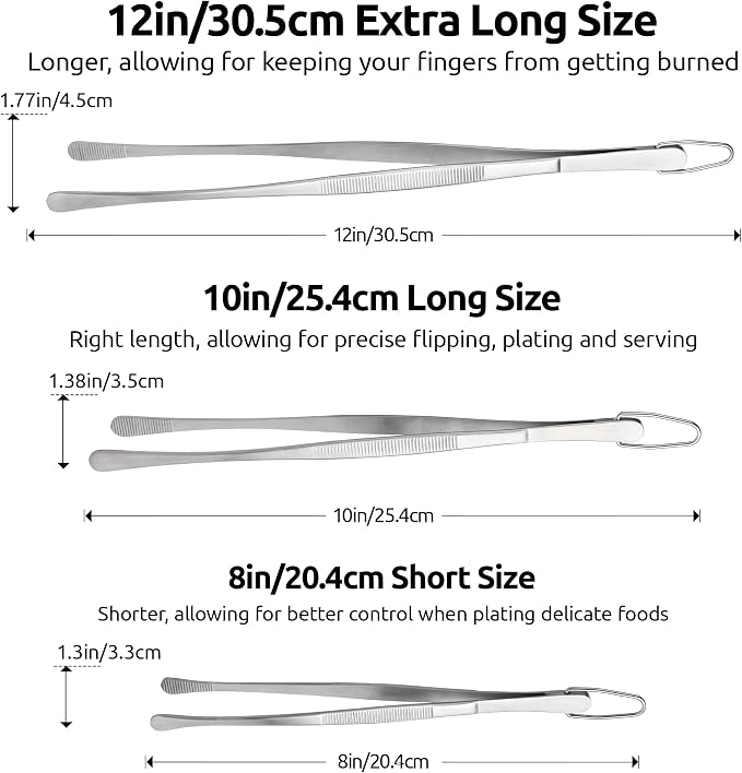U-Taste Kitchen Cooking Tweezers, 18/8 Stainless Steel, 8+10+12in/Round Tip | Food-Grade Metal Food Tongs Set, Seamless-Welding, Long Professional Chef Tweezer for Plating Serving Grilling Frying Feeding
