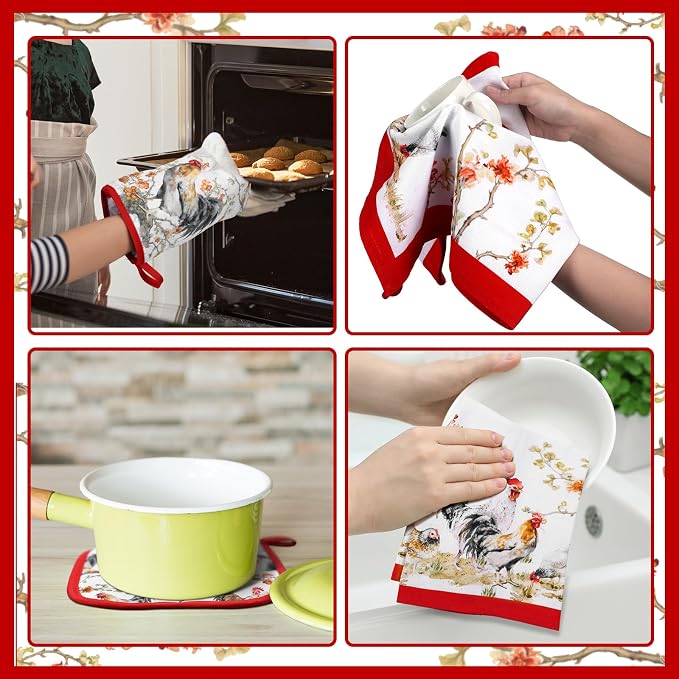Bencailor 6 Pcs Rooster Kitchen Towels Pot Holders and Oven Mitts Set Soft Cotton Linen Dish Towel Heat Resistant Oven Mitts for Summer Kitchen Decor Cooking Baking Grilling