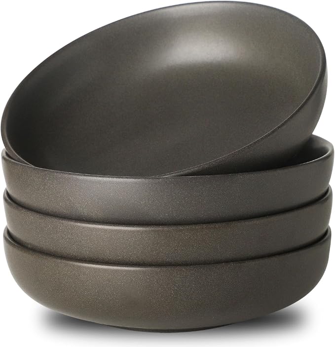 Stoneware Pasta Bowls, 34 oz Large Salad Bowl Set of 4, Ceramic Serving Bowls for Ramen, Pasta, Fruit, Cereal, Dinner, Wide and Shallow Bowls, Microwave & Dishwasher Safe, Matte Black