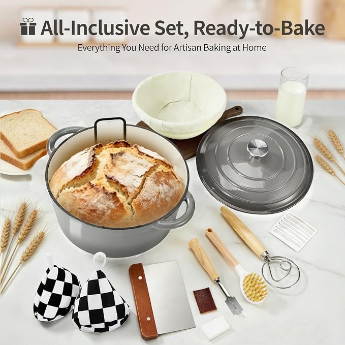 Enameled Cast Iron Dutch Oven pot 6.5 QT with Lid for Bread Baking | Cookware incl. Sourdough Bread-Baking Supplies like Banneton, Dough Whisk, Gloves, Oven Safe for Stews, Roasting Gray