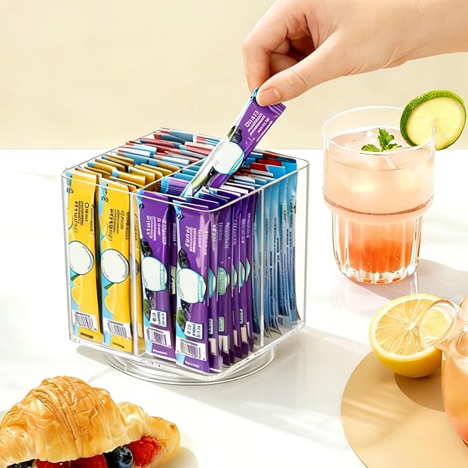 AIEVE Drink Packet Organizer, Lazy Susan Organizer for Water Flavor Packets, Drink Mix Rotating Turntable Sugar Packet Holder Container for Pantry Organizers and Storage, Square