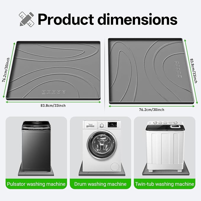Washing Machine Drain Pan Silicone mat – 30x33 Inch Non-Slip Waterproof Washer Drip Tray, Anti-Vibration Soft Mat for Under Dryer or Washer, Floor Leak Protector for Laundry Room