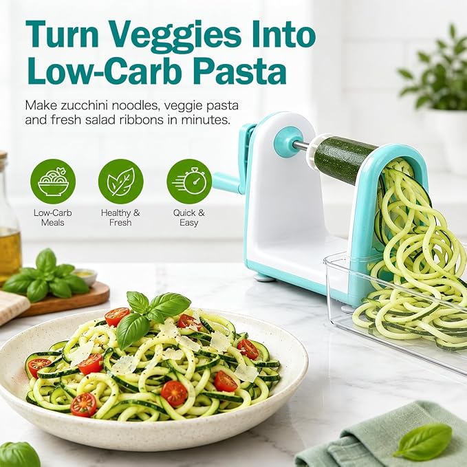 Ourokhome Zucchini Noodle Maker Spaghetti Spiralizer - 5 Blades Vegetable Slicer for Veggie Noodles and Curly Chips