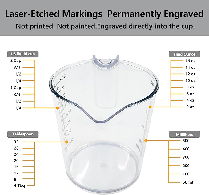 2 Cup (500ml) Measuring Cup, Laser-Etched oz/cup/mL/Tbsp, Plastic Measuring Cup with Handle for Cooking, Mixing & Kitchen Use