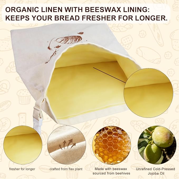 Beeswax Bread Bags 2 Pack, XL 13x17 In, Keep Homemade Sourdough Fresh | WSYDKNS Keep sourdough fresh longer, reusable linen cotton, beeswax lining, easy cold water wash, fit homemade loaf
