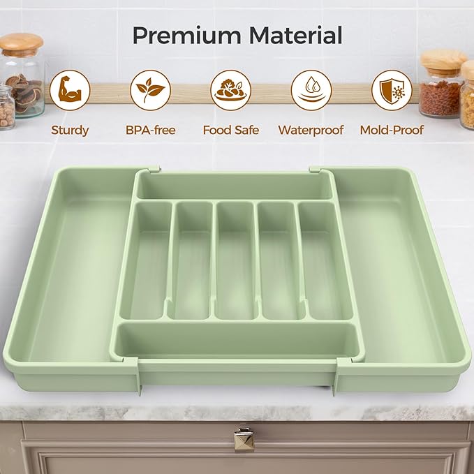 ukeetap Extra Large Expandable Silverware Organizer, Flatware Tray, Green | BPA-Free Food-Safe Kitchen Utensil Cutlery Drawer Organizer, Adjustable Silverware Holder for Spoons Forks Knives