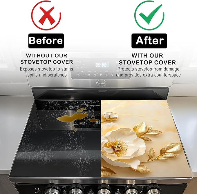 Nuxovilar Floral Stove Cover Diatom Mud 28.35x20.47 In | Glass Protector Countertop Mat Counter Saver Cooktop Cover Kitchen Dining Room Home (Floral Design Pattern)
