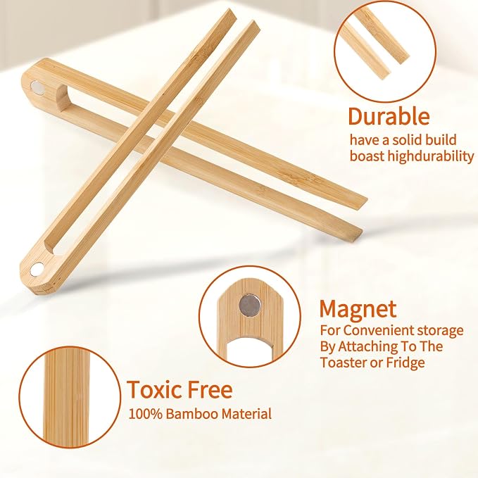 Jowmoy 2 Pieces With Magnet Natural Bamboo Toast Tongs, toast tongs, bamboo tongs,slip Design,for Toaster,Fruits, Bread & Pickles, Kitchen Utensil, Salad, Pasta, Grilling, BBQ.