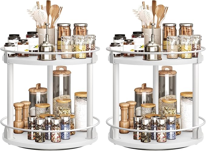 Spice Rack, Set of 2 Lazy Susan Organizer, 2-Tier Turntable Organizer For Cabinet, Compact and Versatile, for Kitchen Countertop, White SR22L2WW