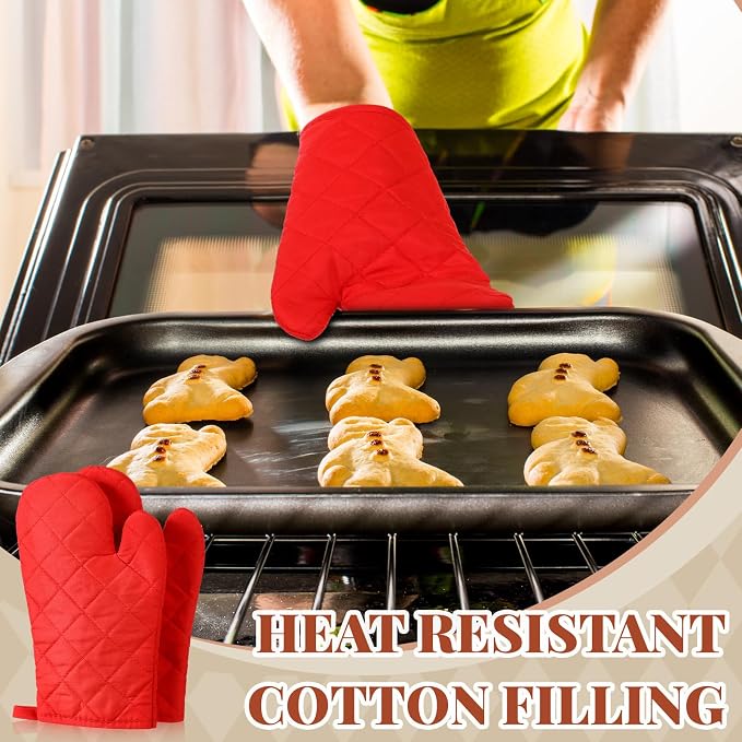 Geyoga 12 Pairs Oven Mitts Heat Resistant Kitchen Long Oven Gloves Mitts Thick Cotton Winter Quilted Baking Flexible Glove Bulk for Cooking BBQ Picnic Kitchen Grilling 10.6 Inch(Red)