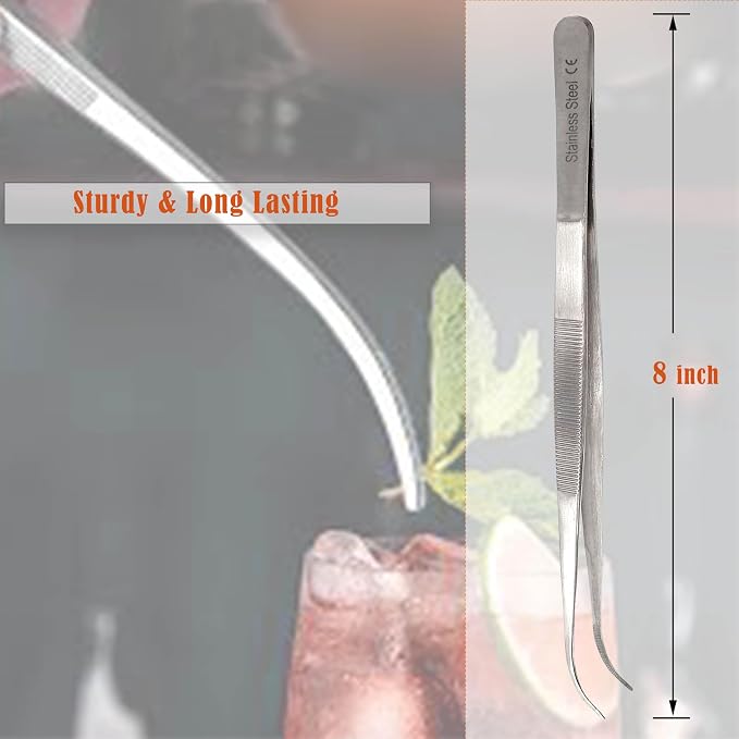 Professional Culinary Stainless Steel Precision Tongs With Serrated Tips - Plating/Food Presentation Detailing Serving - Chef's Kitchen Tweezer - Ultra Non-Slip Grip (8" Curved Slim)