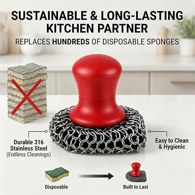 Cast Iron Scrubber and Scraper | 316 Chainmail Scrubber for Cast Iron Pan | Chain Mail Scrubber for Cast Iron Skillet Cleaner | Dishes Pots Wok Griddle Grill | Dish Scouring Pad Dishwasher Safe, Red1