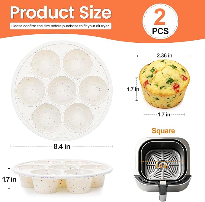 Vinino Silicone Air Fryer Muffin Pan with Reinforced Frame, Egg Bite Mold | 7 Cup Air Fryer Accessories, 2 Pack Silicone Muffin Pans for Oven, Perfect for Egg Bites, Muffins, Tarts, BPA-Free, Cream