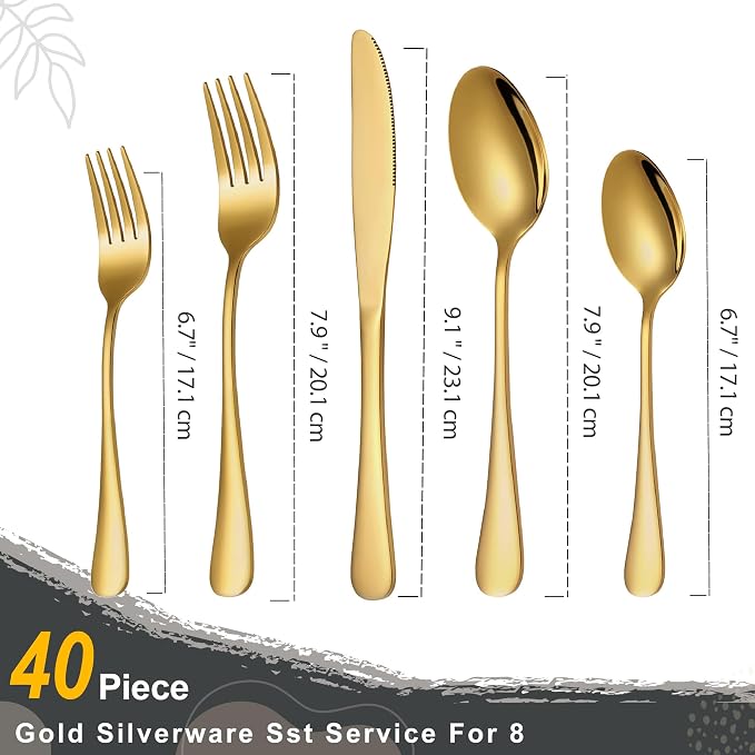 Runfly 40-Piece Gold Flatware Set, Stainless Steel Cutlery Set for 8 | Mirror Polished Durable Utensil Set Includes Knife Fork Spoon for Home Kitchen Restaurant Tableware