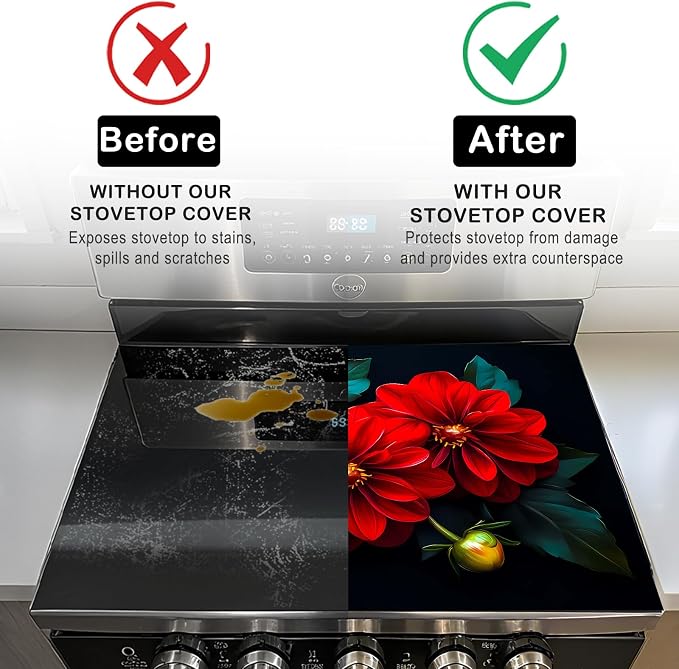 Nuxovilar Stove Top Cover Cooktop Mat 28.3x20.4in Polyester Diatom | Electric Guard Range Countertop Pad Burner Protection Sheet Kitchen Decor Cooking Area Home Accent (Red Dahlia)