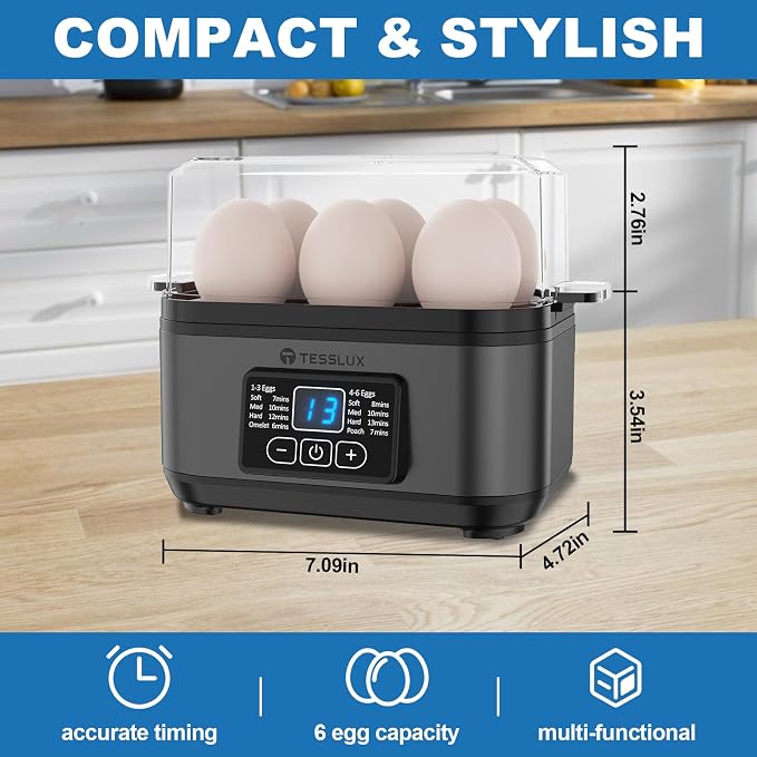 Tesslux Electric Egg Cooker, 6-Egg Boiler for Hard, Soft, Poached, Black | LED Countdown Timer, Touch Control, Poaching Bowl, Omelet Maker, Stainless Steel, Auto Shut-Off, Buzzer Alert, Compact