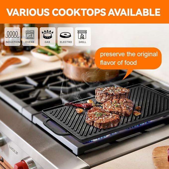 GGC Cast Iron Reversible Griddle | Double-sided Griddle Pan for Stove Tops and Gas Grills, 15"x 9" Griddle Plate with Flat and Ribbed Side for Cooking