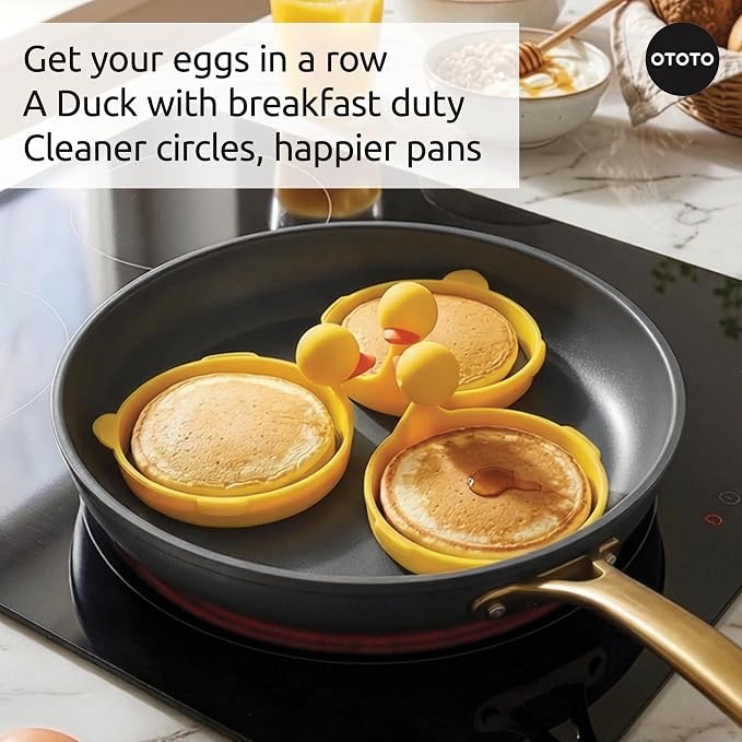 OTOTO Egg Rings 3 Pack - Silicone Egg Separators with Duck Holders, Egg Circle Mold Set, Egg Ring for Sandwiches, Pancake Molds & Fried Eggs, Unique Kitchen Gadgets, Fun Gifts (Sunny Side Duck)