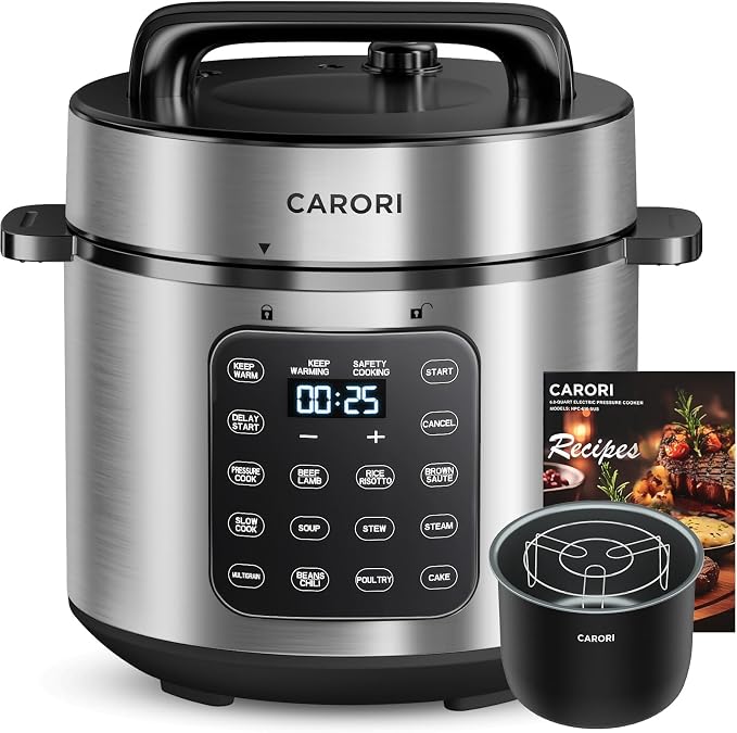 CARORI Electric Pressure Cooker 6 Quart Silver, Non-stick Pot, 9-in-1 Instant Pot, 12 Preset Functions with Touchscreen, Safe Steam Release, Stew, Slow Cook, Rice, Sauté, Warmer
