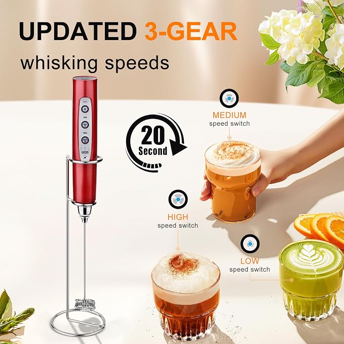 YUSWKO Handheld Milk Frother Wand for Coffee, Rechargeable Electric Whisk with 3 Heads 3 Speeds Drink Mixer Coffee Frother For Latte, Cappuccino, Hot Chocolate, Egg, Red with Holder