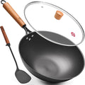 WANGYUANJI Carbon Steel Wok Pan - 12.6 Inch Flat Bottom Wok, Premium Stir Fry Pan, Uncoated Iron Woks for Induction Cookware and Gas Stoves