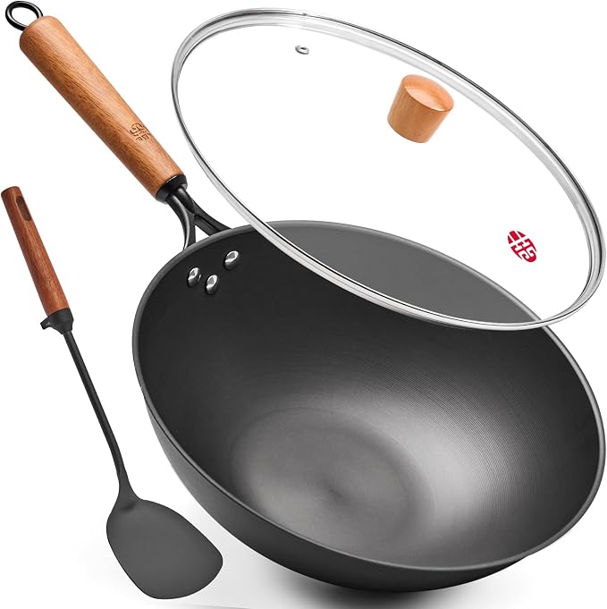 WANGYUANJI Carbon Steel Wok Pan - 12.6 Inch Flat Bottom Wok, Premium Stir Fry Pan, Uncoated Iron Woks for Induction Cookware and Gas Stoves