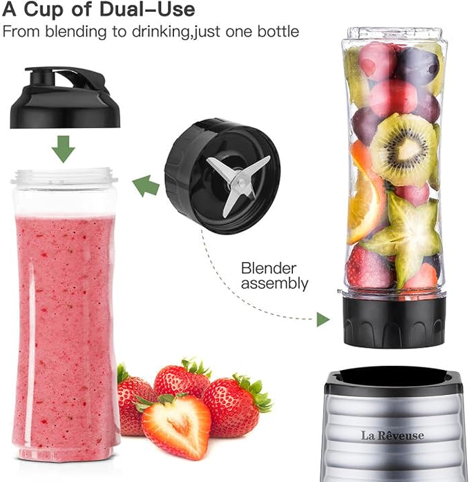 La Reveuse Personal Size Blender for Protein Shakes and Smoothies, Silver | 18oz BPA-free Portable Bottle with Spout Lid, Push to Blend, Suitable for Home, Apartment, Office, Dorm, 300 Watts, LARB1801S