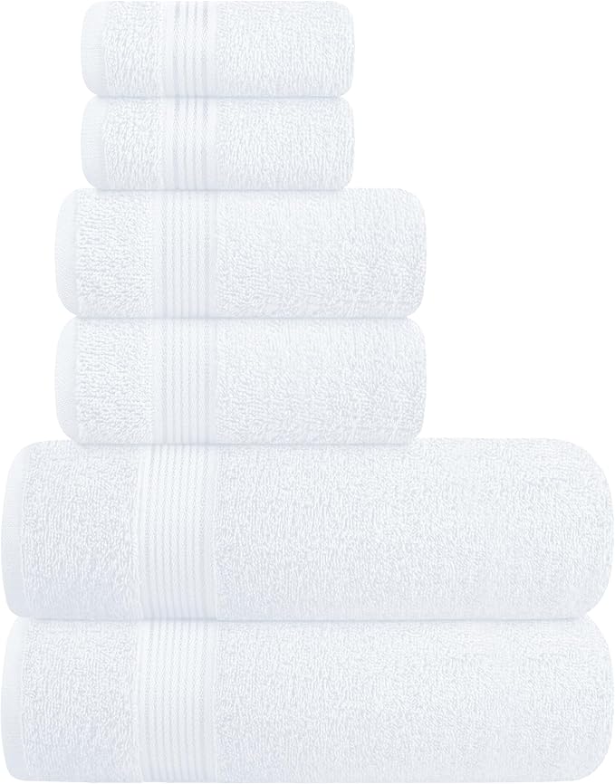 Ultra Soft 6 Pack Cotton Towel Set, Contains 2 Bath Towels 28x55 inch, 2 Hand Towels 16x24 inch & 2 Wash Coths 12x12 inch, Ideal Everyday use, Compact & Lightweight - White