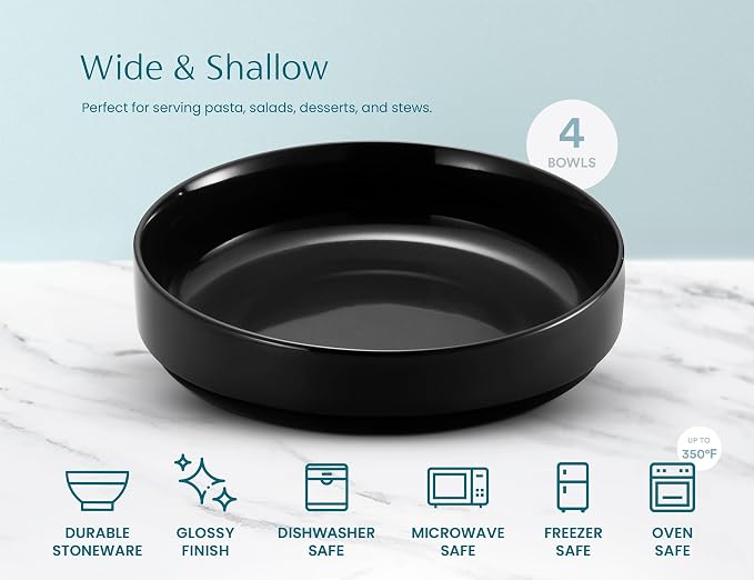 KooK Pasta Bowl, Bowl Plate, Low Bowl, Plate Bowls, Ceramic Large Shallow Bowls, Microwave and Dishwasher Safe, Great for Soups and Salads, Glossy Porcelain, 47 oz, Set of 4, Black