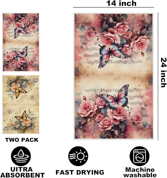 2 Pcs Vintage Butterfly Kitchen Towels, Flower Soft Absorbent Hand Towels | Butterfly Microfiber Dish Cloths for Dishes, Waffle Dish Towels for Kitchen Bathroom Decor, Housewarming Gifts for Women