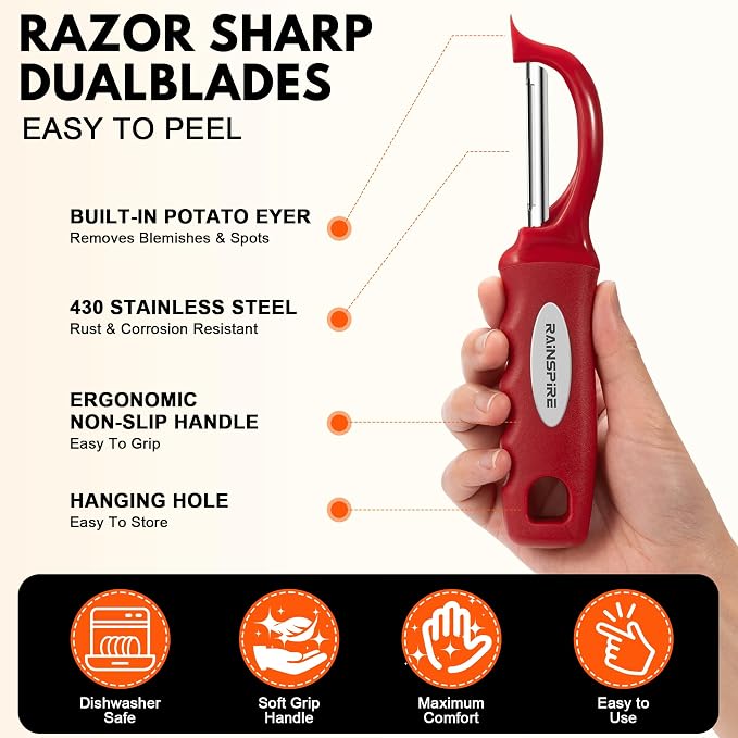 Rainspire Vegetable Peeler Potato Peelers for Kitchen, Sharp Stainless Steel Blades Veggie, Comfortable Handle Fruit Peeler, Carrot Peeler Apple Peeler Dishwasher Safe, Red, 2-Pack