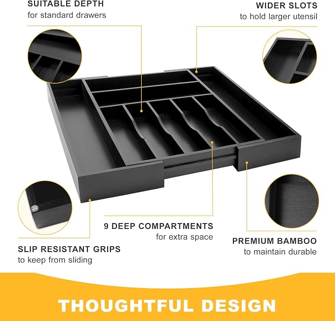Large Premium Bamboo Silverware Organizer - Expandable Drawer Organizer & Utensil Organizer - 17"x19.7" Cutlery Tray with Dividers for Kitchen Utensils and Flatware (7-9 Slots) (Black)